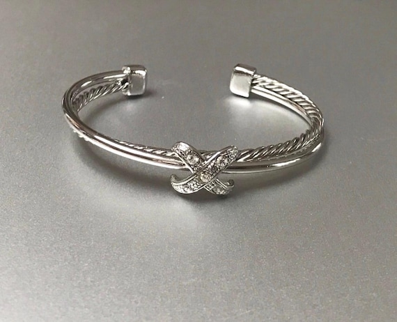 Designer Inspired Rhinestone Crossover Silver Cuf… - image 1