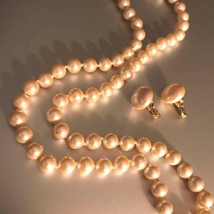 Vintage Monet Signed Hand Knotted Ivory Pearl Necklace Button Clip on Earrings Set