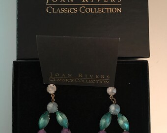 Joan Rivers Pastel Stones Gold tone Dangle Earrings Pierced Signed Original Box Papers