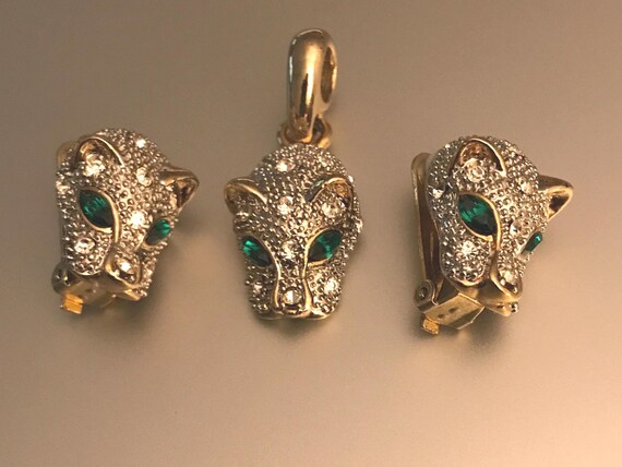 Boucles D'oreilles Vintage Années 90 - Métal Doré Avec Panthère Et Strass - Occasion