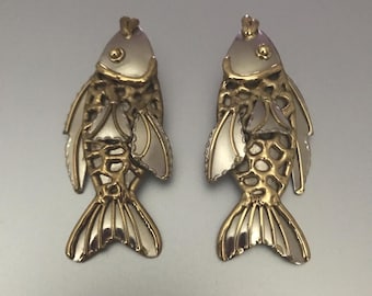 Pendientes de botón vintage bicolor de oro y plata con diseño de pez en 3D, 6,35 cm (2 1/2”)