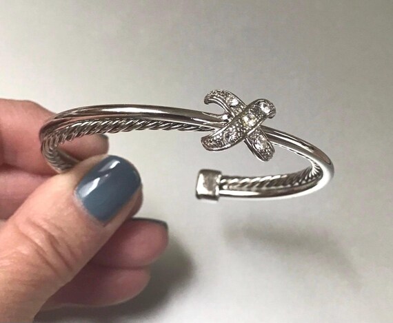 Designer Inspired Rhinestone Crossover Silver Cuf… - image 2