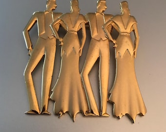 Broche Art Déco en tono dorado con doble fecha de JJ Jonette 1988 firmado