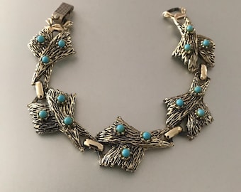 Pulsera de eslabones de cobre bañada en plata y turquesa del suroeste vintage.