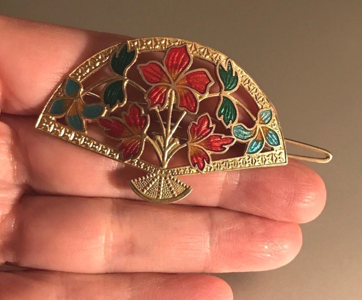 Vintage Cloisonne Enamel Flower Fan Hair Clip Barrette Gold 