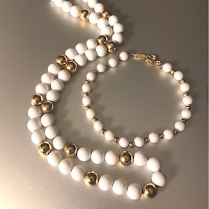 Vintage Napier Milk Glass Gold Bead Necklace and Bracelet Jewelry Set Signed