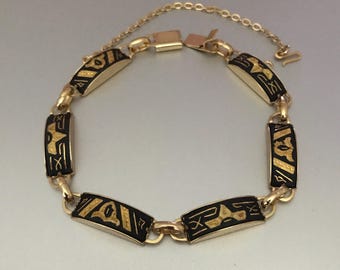 Pulsera vintage de cadena de seguridad con eslabones de oro damasquinado y esmalte negro