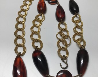Vintage Faux Tortoiseshell Lucite Gold Tone Long Necklace  display picture 1
