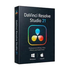 May include: A black software box for DaVinci Resolve Studio 21 featuring a colourful circular logo, the text Professional Editing, Colour, Effects and Audio Post, and icons for Windows and macOS operating systems on the front cover.