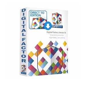 May include: A white software box for Digital Factory Version 10 Direct to Edition. The box features a colourful diamond pattern, a blue download arrow icon, and text reading Digital Factory Version 10, Streamlined production, High-fidelity colour printing.