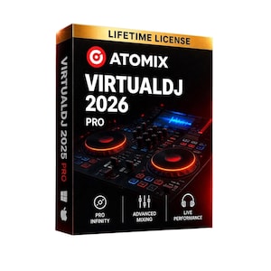 Pode incluir: Uma caixa de software preta para Atomix VirtualDJ 2026 Pro com licença vitalícia. A frente exibe um gráfico de controlador de DJ com jog wheels vermelhos brilhantes, texto para Pro Infinity, mixagem avançada e performance ao vivo.