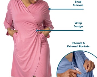 Hospital Gown with Snaps (Hand-to-Collar) and Interior Drain Pockets, Shoulder Replacement Surgery Care Package, Heart Surgery Recovery Gift