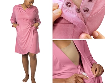 Post Surgery Hospital Gown with Snaps (Hand-to-Collar) for Women, Mastectomy Recovery Robe, Hysterectomy Gift, Chemo Care Package