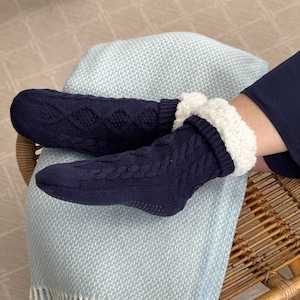 Cable Knit Fleece Lined Slipper Socks for Women, Fuzzy Bed Socks with Grips, Gifts that Give Back to Cancer, Feel Better Gift