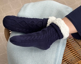Cable Knit Fleece Lined Slipper Socks for Women, Fuzzy Bed Socks with Grips, Gifts that Give Back to Cancer, Feel Better Gift