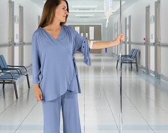 Pijama posoperatorio (alternativa a bata de hospital con broches), conjunto de pijama para mastectomía, regalo para cáncer de mama, histerectomía, quimioterapia + acceso PICC