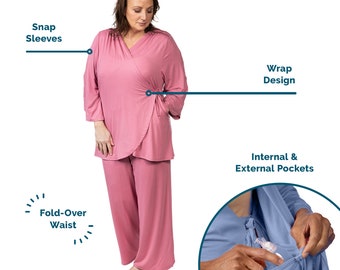 Easy Dress Pajamas with Snap Sleeves for Women, Shoulder Surgery Shirt, Hospital Pajamas Set, Chemo Care Package for Her, Post Surgery Gift