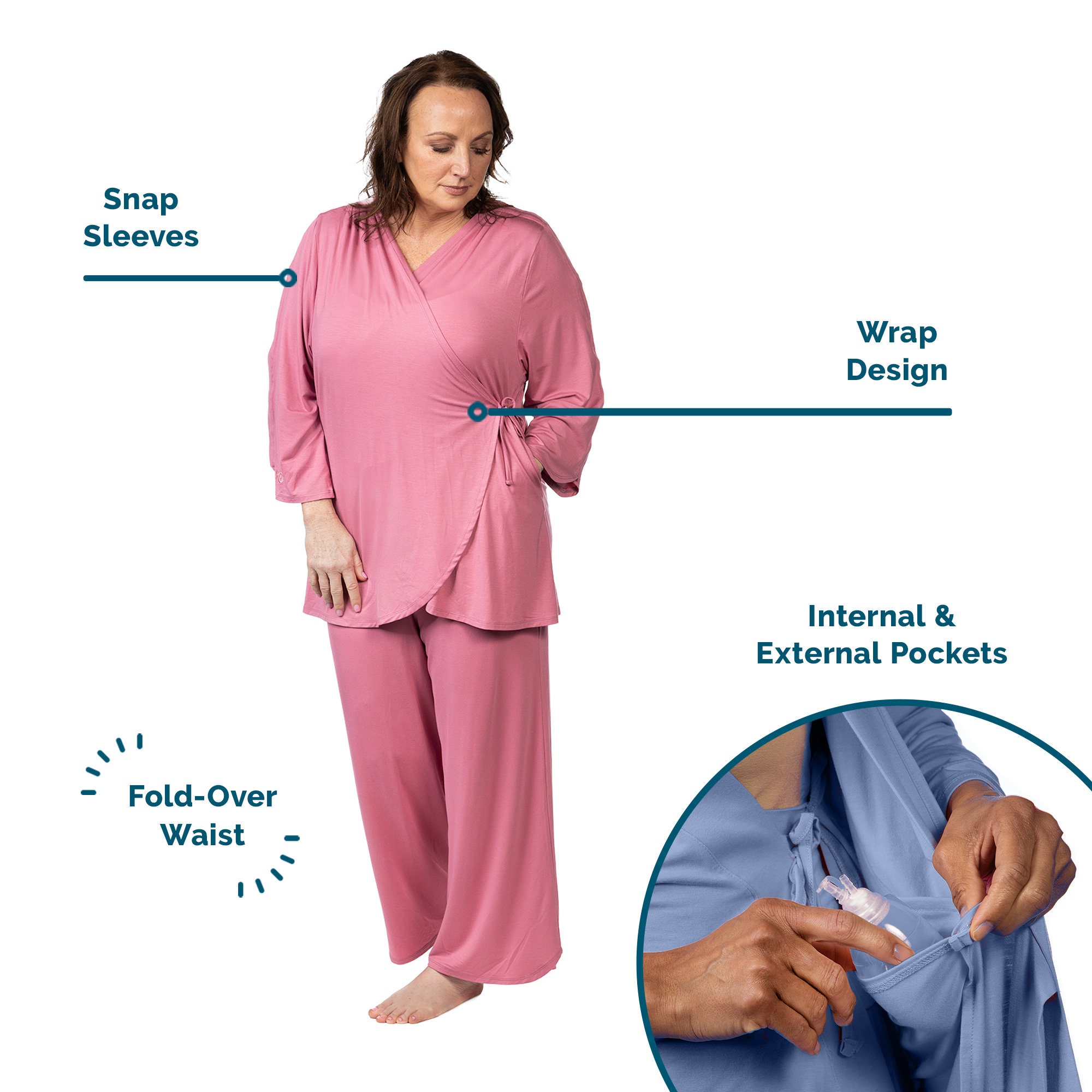Easy Dress Pyjamas mit Druckknopfärmeln für Frauen,  Schulter-Chirurgie-Shirt, Krankenhaus-Pyjama-Set, Chemo-Care-Paket für Sie,  Geschenk nach der OP - .de