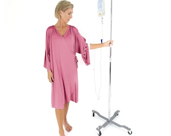 Mastectomy Robe with Internal Pockets for Drains and Pumps, Hospital Gown with Snap Sleeves for IVs and Chemo Ports, Breast Cancer Gifts