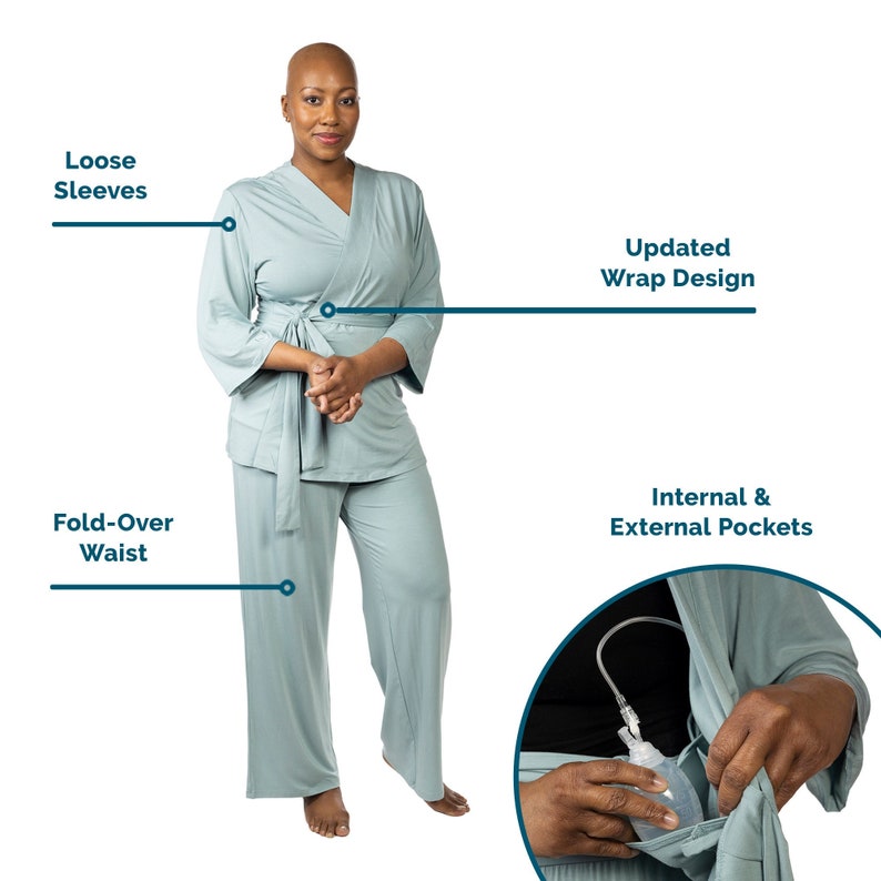 May include: A light blue two-piece pajama set with a wrap design, loose sleeves, and a fold-over waist. The set features internal and external pockets.