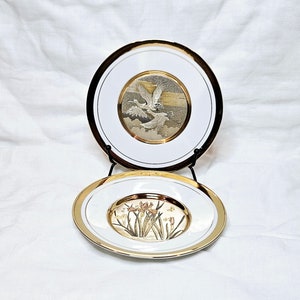 Engraved Gold on White 6 inch Display Plates Set of 2, Art of Chokin Display Plates