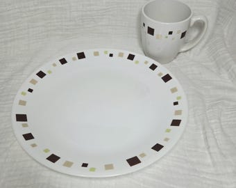 Vintage Corelle Geometric Squares Dinnerware - Livingware Chocolate Brown & Celadon Green Retro Design