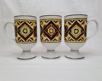 Vintage Holt Howard Irish Coffee Mugs: Geometric Brown Yellow Set