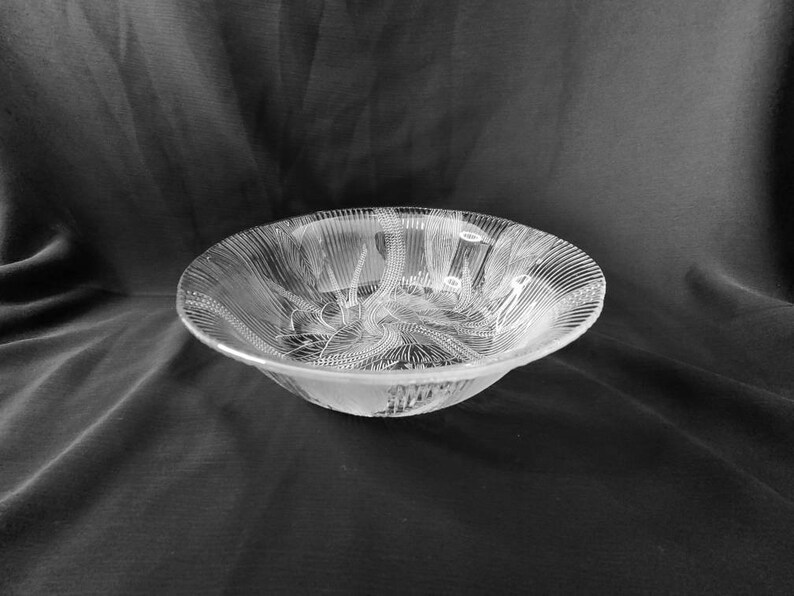May include: A clear glass bowl with a decorative, textured design. The bowl is empty and has a slightly rounded shape.