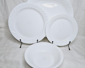 White Swirl Glass Dinnerware Pieces, Corelle Enhancements by Corning White Vitrelle Glass with Swirl Borders