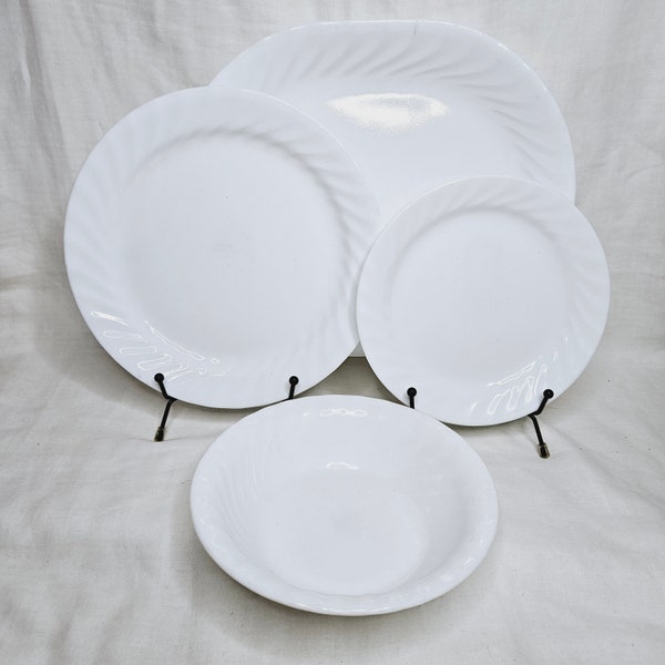 White Swirl Glass Dinnerware Pieces, Corelle Enhancements by Corning White Vitrelle Glass with Swirl Borders