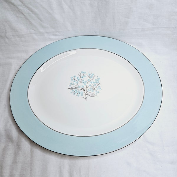 Mid Century Blue and White China Serving Platter with Blue Flowers, Vintage Sevron Blue Lace Oblong Serving Platter