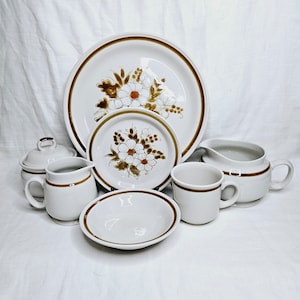 May include: A set of brown and white floral patterned ceramic dinnerware. The set includes a large dinner plate, a smaller salad plate, a creamer, a sugar bowl, a gravy boat, and a teacup.