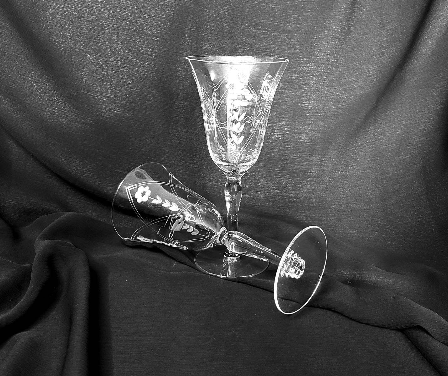 Daisy Etched Stemware. Daisy With Long Stem Wheel Cut Stemware. Vintage