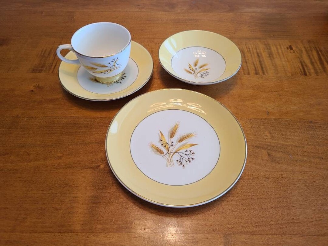 Vintage Wheat Tea Cup Saucer Plate Set of 9, Autumn Gold Saucer Plates