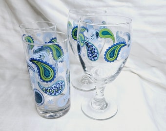 Blue and Green Paisley Pattern Drinkware Sets, Crisa Libbey Paisley Lime Glass Tumblers or Water Goblets