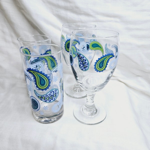 Blue and Green Paisley Pattern Drinkware Sets, Crisa Libbey Paisley Lime Glass Tumblers or Water Goblets