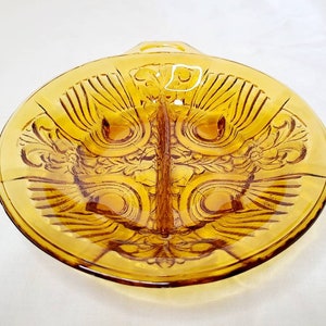 Amber Glass Divided Dish with Single Handle, Indiana Glass Killarney 2 part Divided Dish