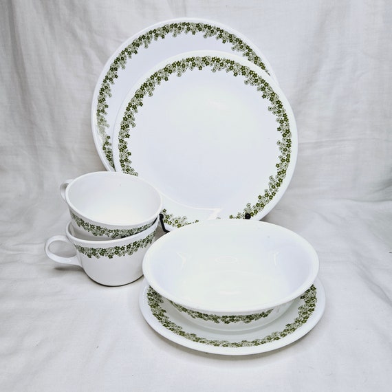 Vajilla vintage de vidrio blanco con flores verdes juego de vajilla Corelle Livingware Spring Blossom Etsy Mexico