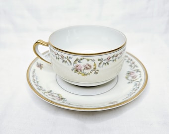Antique Haviland Limoges China Tea Cup and Saucer Set: Pink Rose Floral, Gold Trim