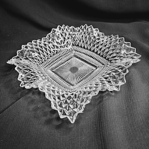 Diamond Cut Ruffled Edge Square Plate, 1940&#39;s Indiana Glass Co. Ruffle Edge Square Plate