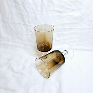 Smokey Brown Water Glasses with Clear Stems set of 2, Unmarked Smokey Brown Goblets with Clear Stems