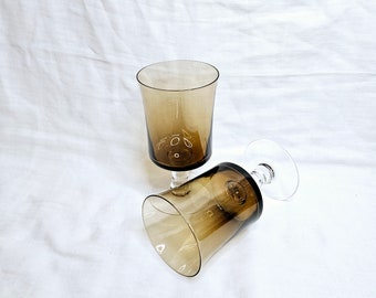 Smokey Brown Water Glasses with Clear Stems set of 2, Unmarked Smokey Brown Goblets with Clear Stems