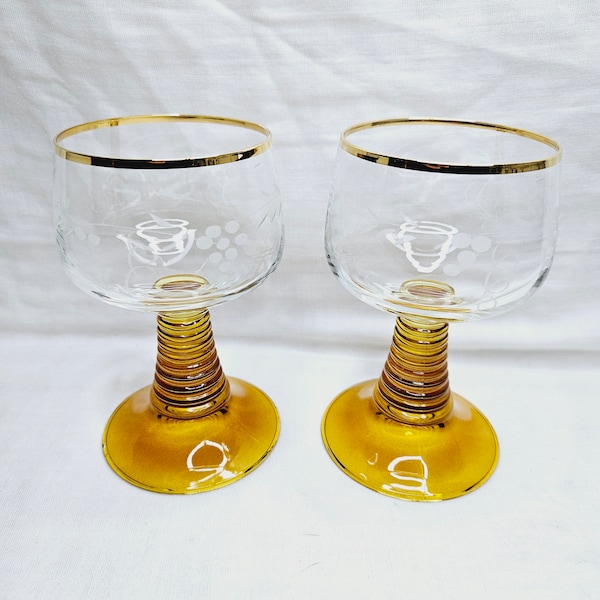 Vintage German Roemer Amber Beehive Stem Wine Glasses with Grape Etching and Gold Lip set of 2