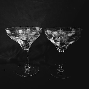 May include: Two clear glass cocktail glasses with a delicate etched floral design. The glasses have a wide bowl and a long stem.