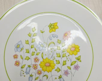 Puede incluir: Un plato de cerámica blanca con una ilustración botánica central de varias flores silvestres en tonos amarillo, azul, rosa y verde. El plato está acentuado con una fina línea circular verde que sigue la curvatura del borde.