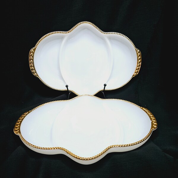 Fire King Milk Glass Divided Dish, Mid Century Milk Glass Divided Dish With Gold Edge