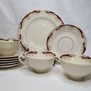 Red and Ivory White China Dinnerware Set, Syracrus China Radcliffe Federal Shape