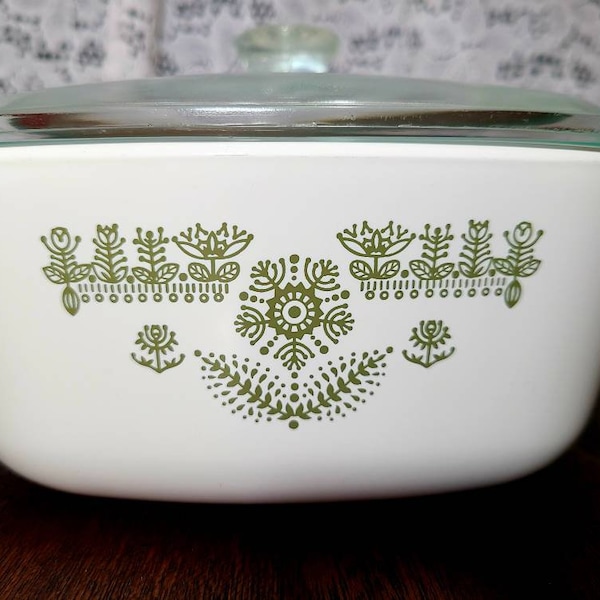 Rare White Casserole Dish with Vintage Green Floral Motif and Glass Lid, CorningWare for J C Penny Casserole Dish JCP-1 1/2-B