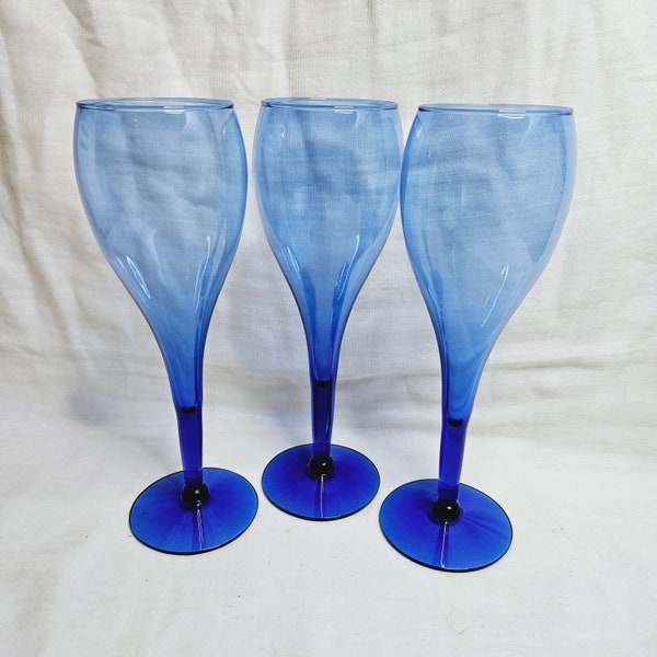 Vintage Cobalt Blue Tear Drop Wine Glasses, Set of 3 Cobalt Blue Wineglasses