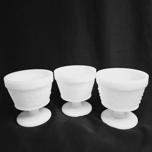 Anchor Hocking Milk Glass Harvest Grape Dessert Cups set of 3, Vintage Milk Glass Grape Goblets